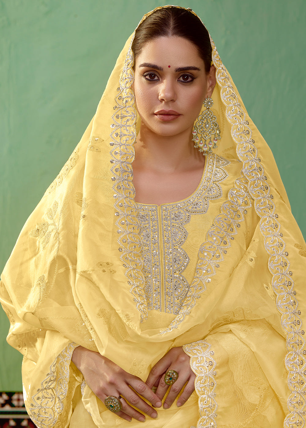 Cadmium Yellow Silk Suit Featuring Embroidered Buttis and Scalloped Hemline