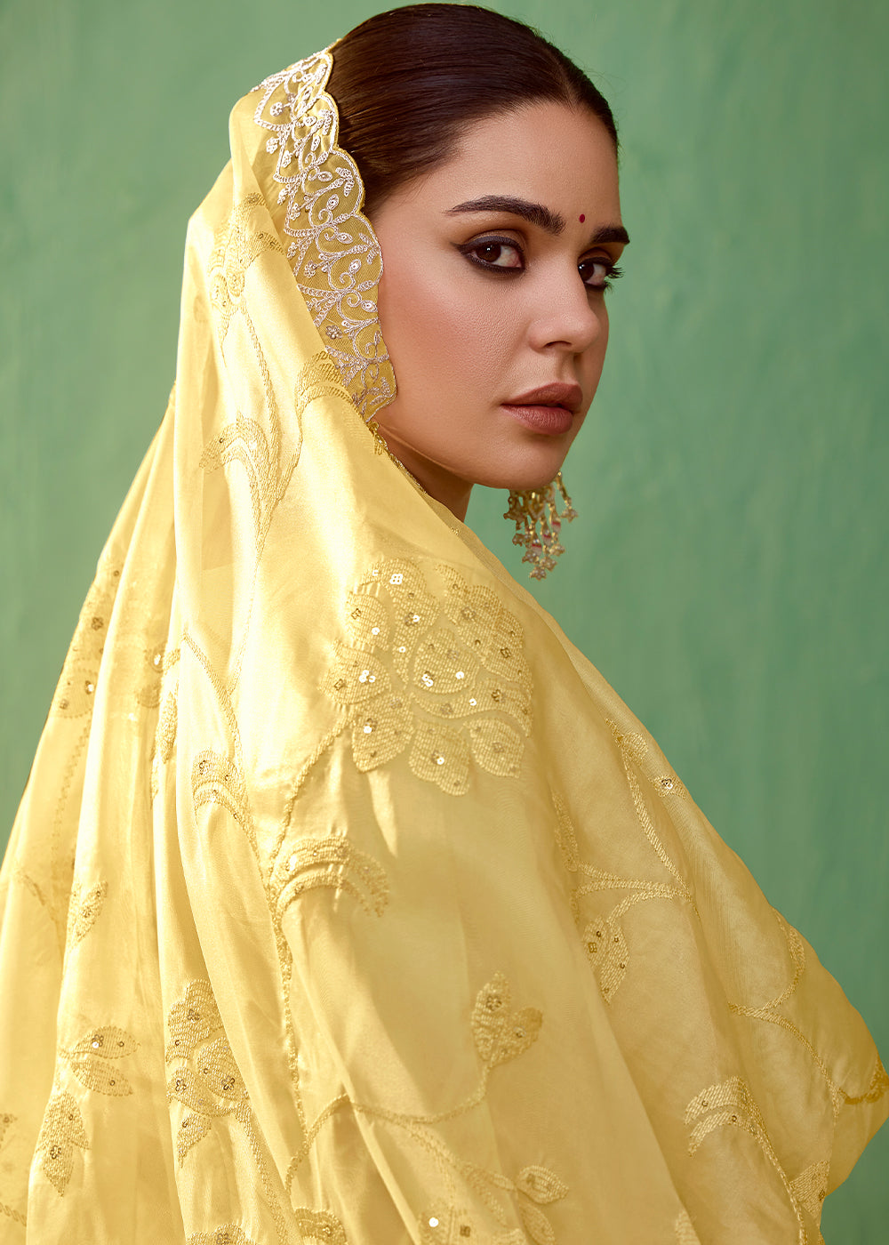 Cadmium Yellow Silk Suit Featuring Embroidered Buttis and Scalloped Hemline