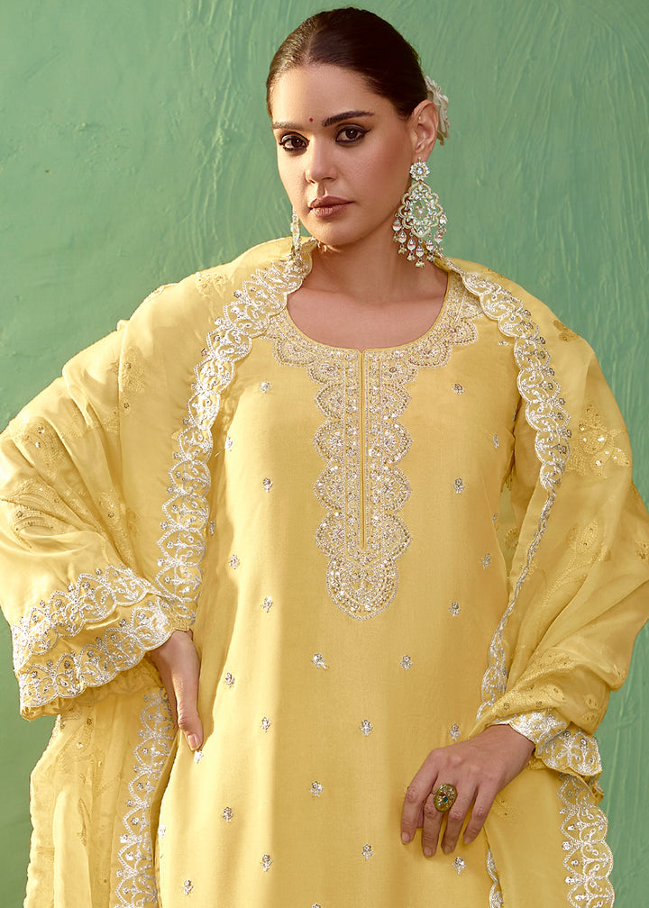 Cadmium Yellow Silk Suit Featuring Embroidered Buttis and Scalloped Hemline