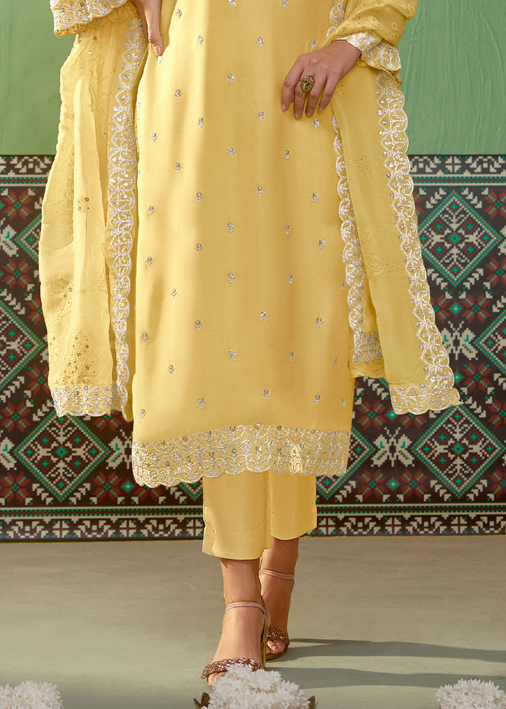 Cadmium Yellow Silk Suit Featuring Embroidered Buttis and Scalloped Hemline