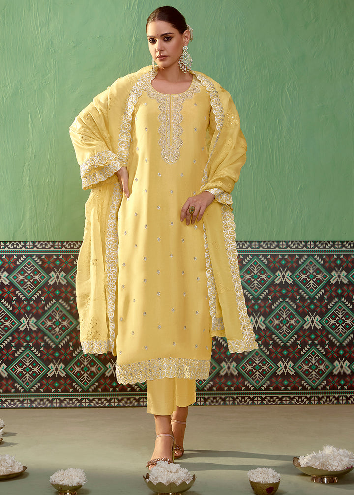 Cadmium Yellow Silk Suit Featuring Embroidered Buttis and Scalloped Hemline