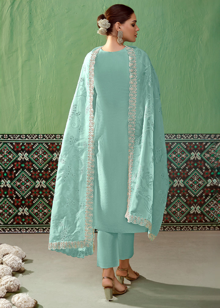 Light Blue Silk Suit Featuring Embroidered Buttis and Scalloped Hemline