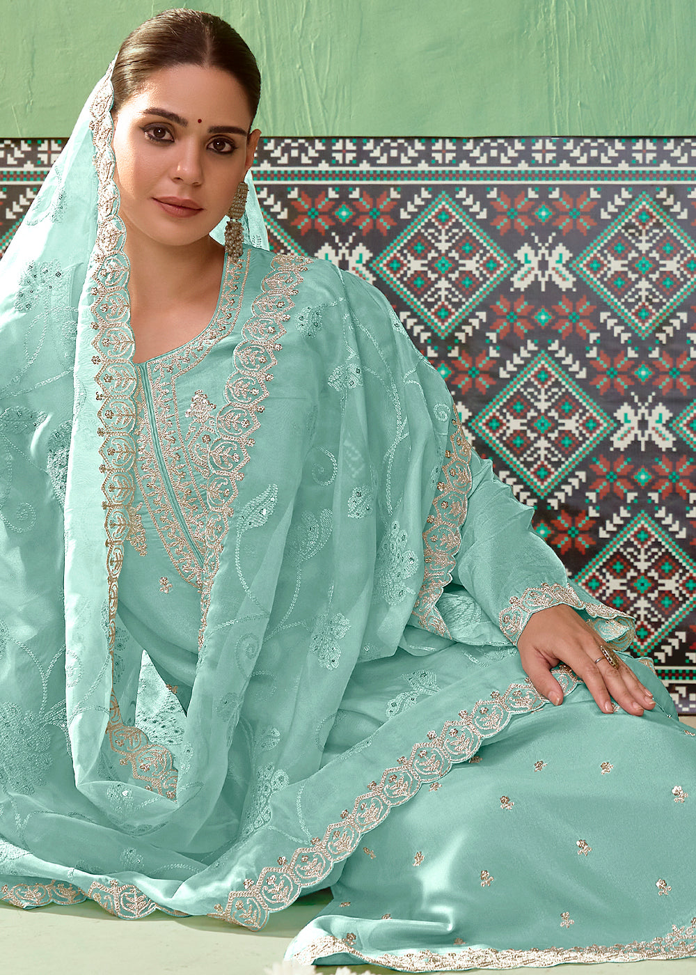 Light Blue Silk Suit Featuring Embroidered Buttis and Scalloped Hemline