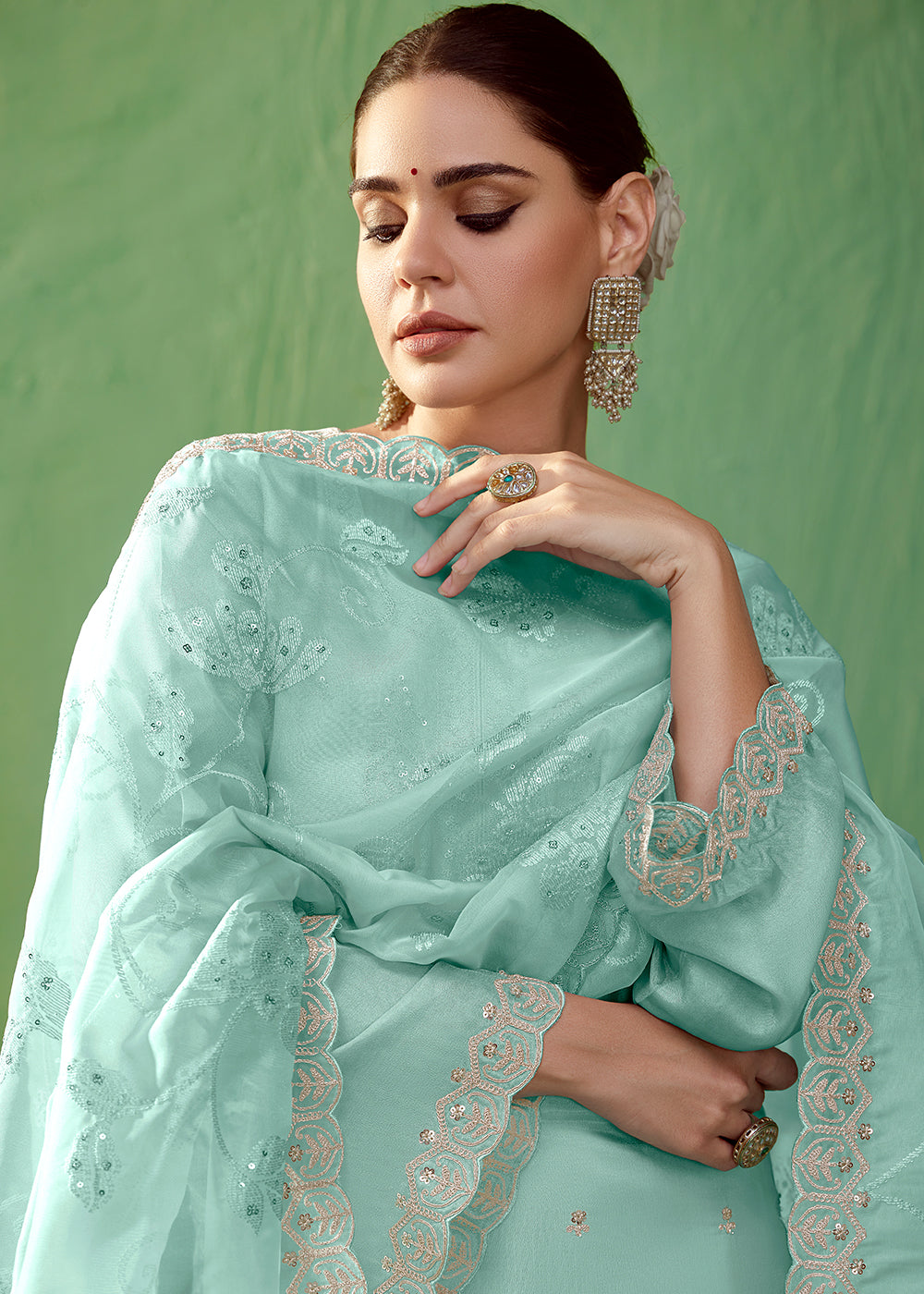 Light Blue Silk Suit Featuring Embroidered Buttis and Scalloped Hemline