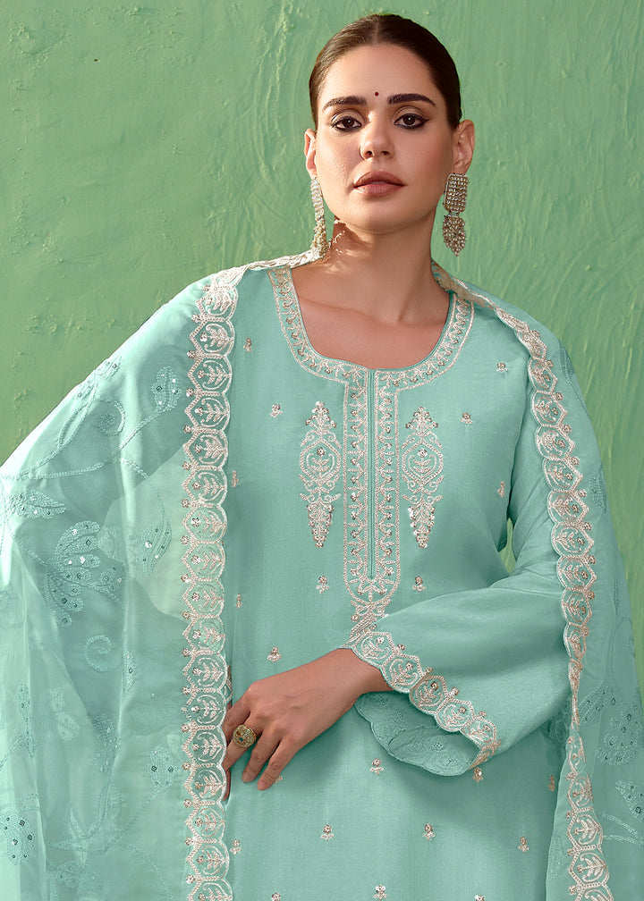 Light Blue Silk Suit Featuring Embroidered Buttis and Scalloped Hemline