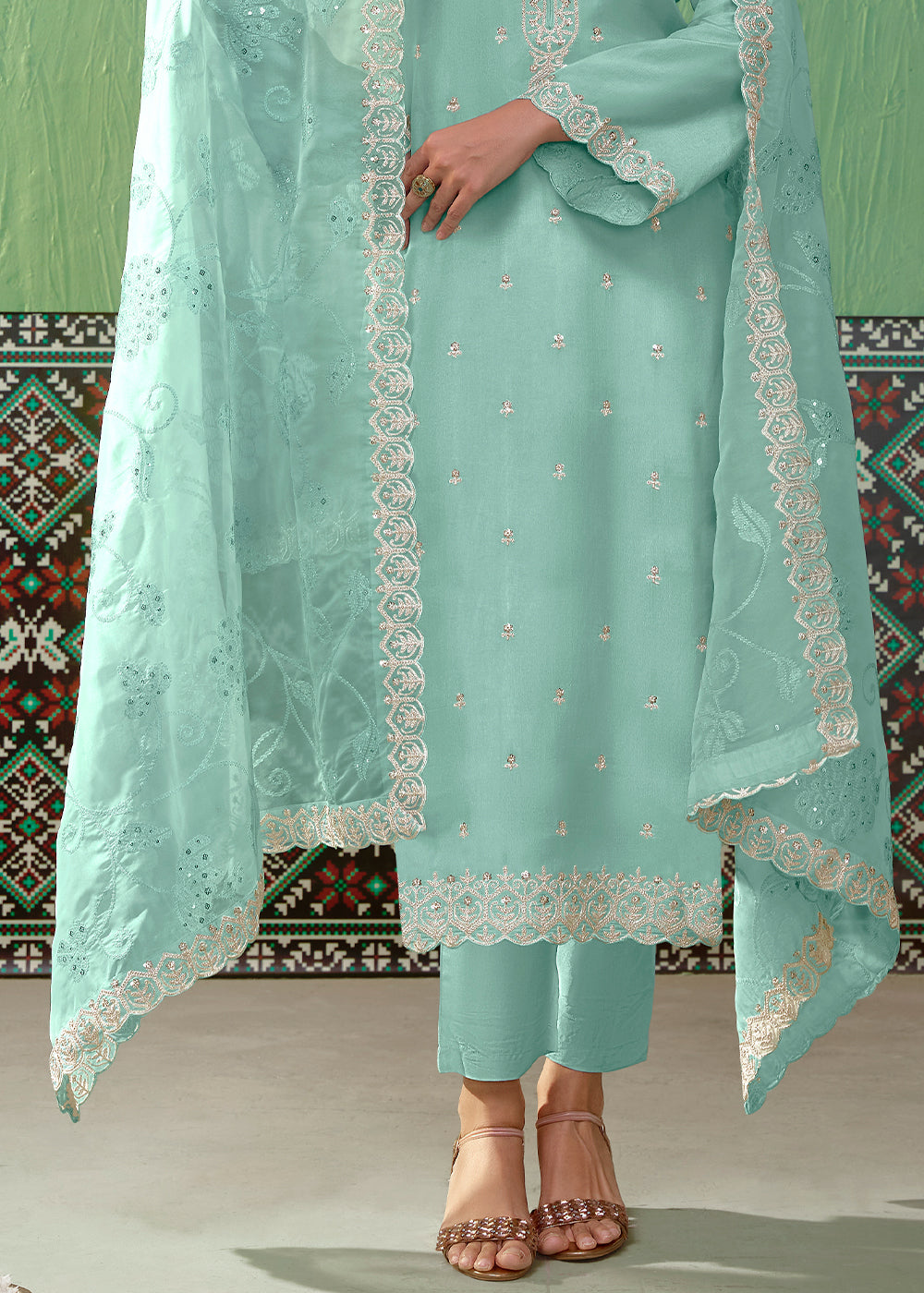 Light Blue Silk Suit Featuring Embroidered Buttis and Scalloped Hemline