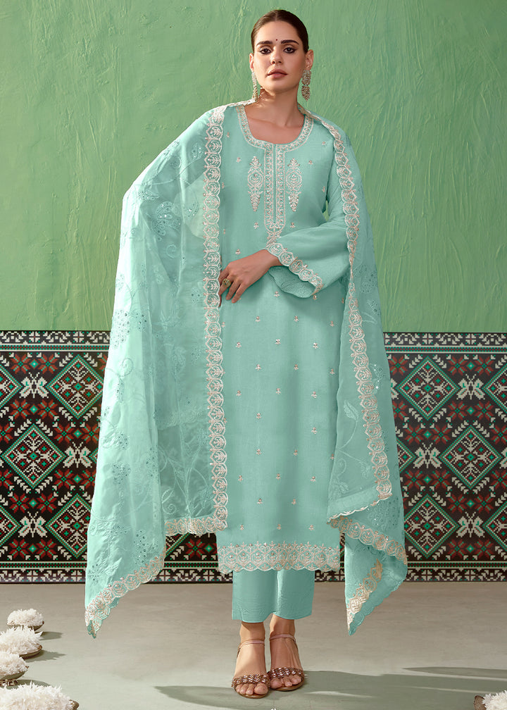 Light Blue Silk Suit Featuring Embroidered Buttis and Scalloped Hemline