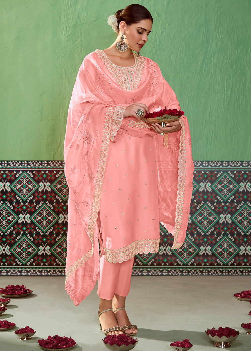 Coral Pink Silk Suit Featuring Embroidered Buttis and Scalloped Hemline