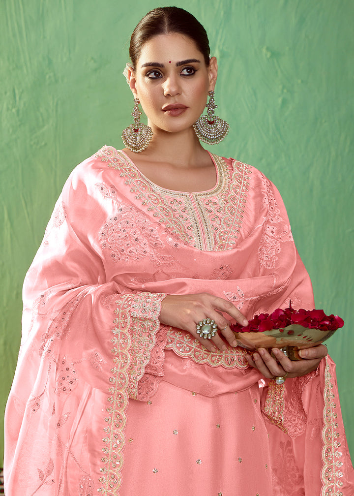 Coral Pink Silk Suit Featuring Embroidered Buttis and Scalloped Hemline