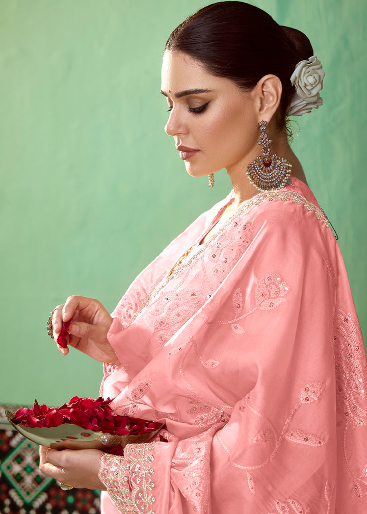 Coral Pink Silk Suit Featuring Embroidered Buttis and Scalloped Hemline