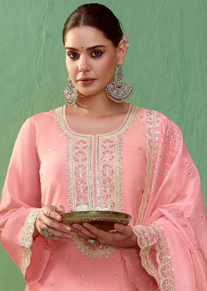 Coral Pink Silk Suit Featuring Embroidered Buttis and Scalloped Hemline