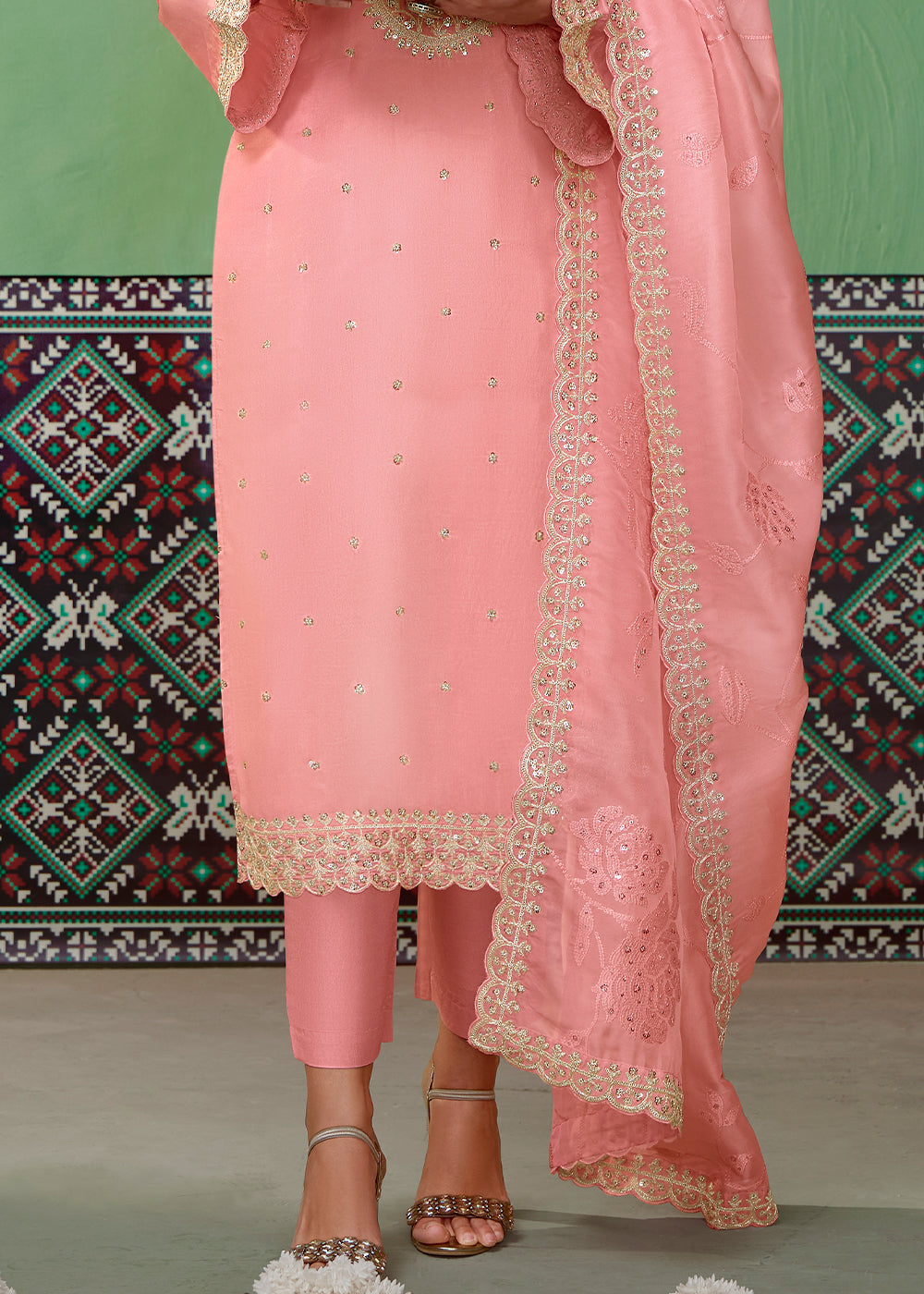 Coral Pink Silk Suit Featuring Embroidered Buttis and Scalloped Hemline