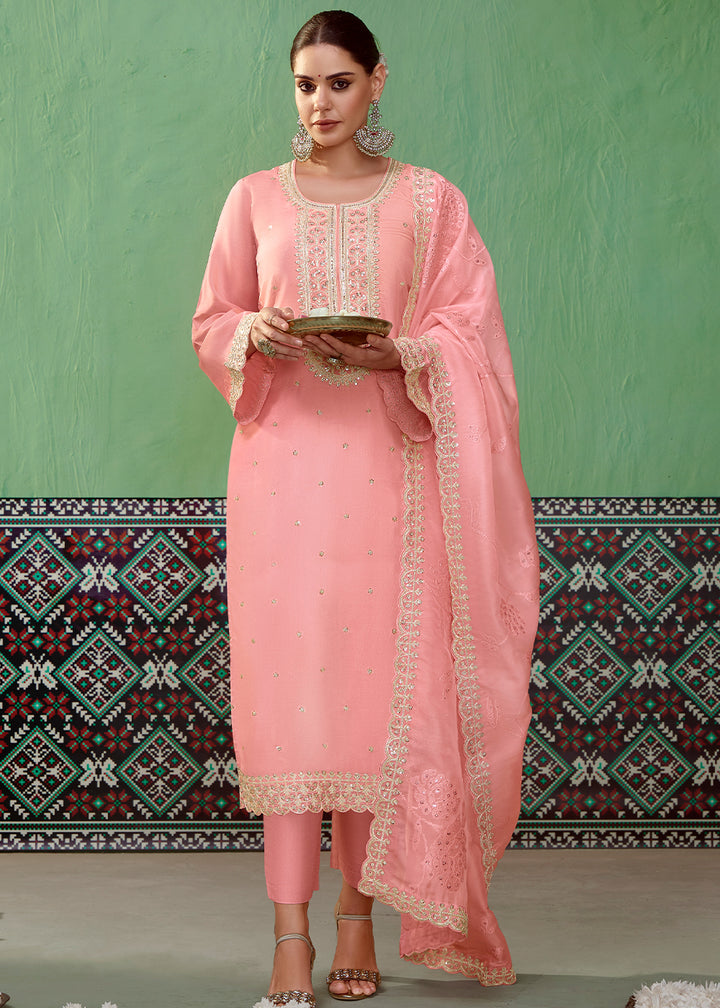 Coral Pink Silk Suit Featuring Embroidered Buttis and Scalloped Hemline