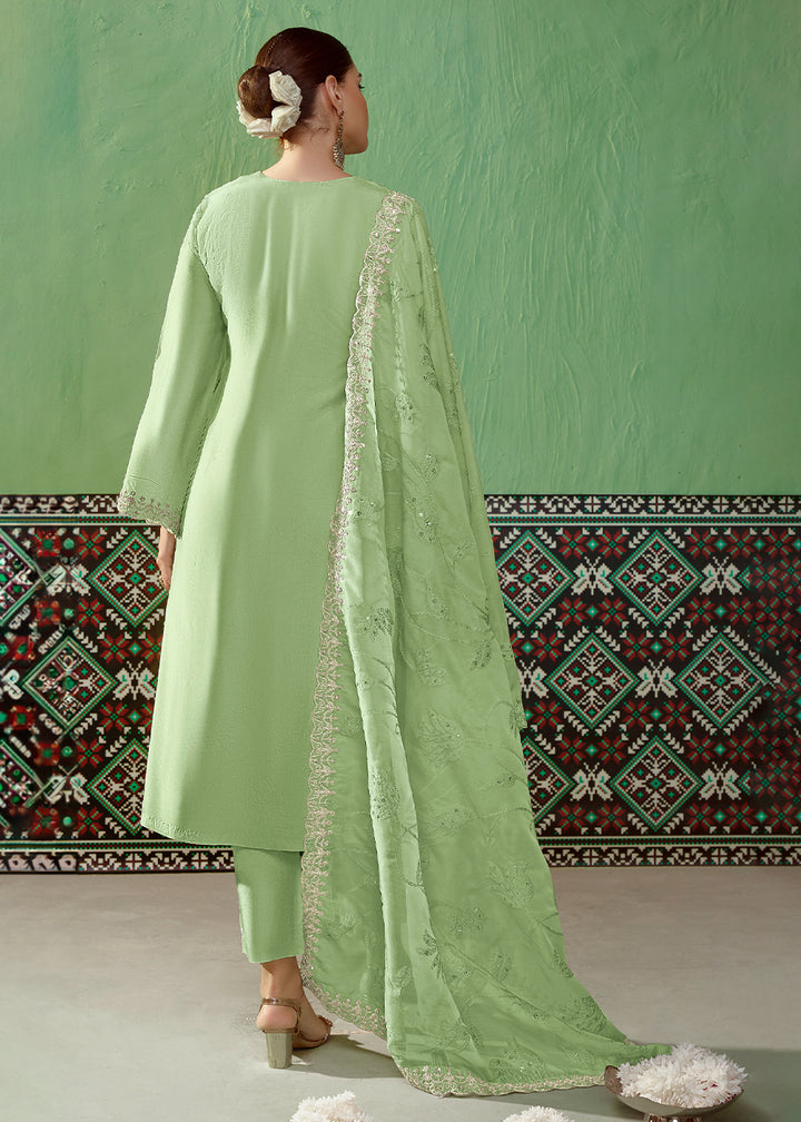 Mint Green Silk Suit Featuring Embroidered Buttis and Scalloped Hemline