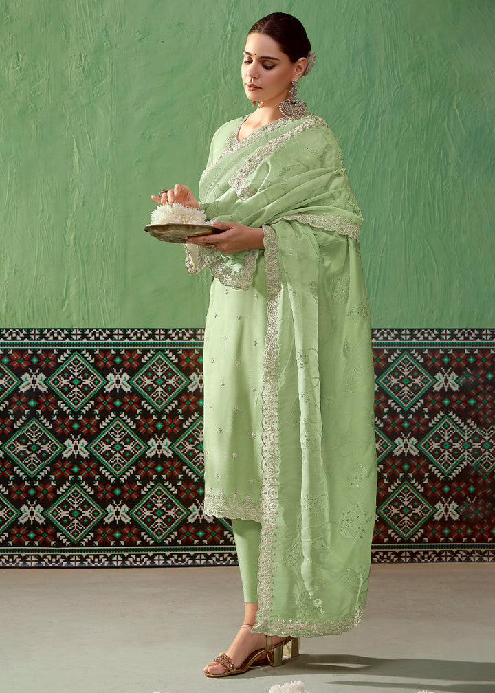 Mint Green Silk Suit Featuring Embroidered Buttis and Scalloped Hemline