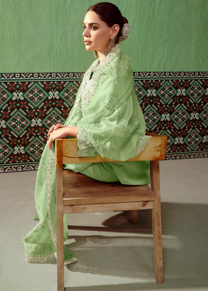 Mint Green Silk Suit Featuring Embroidered Buttis and Scalloped Hemline