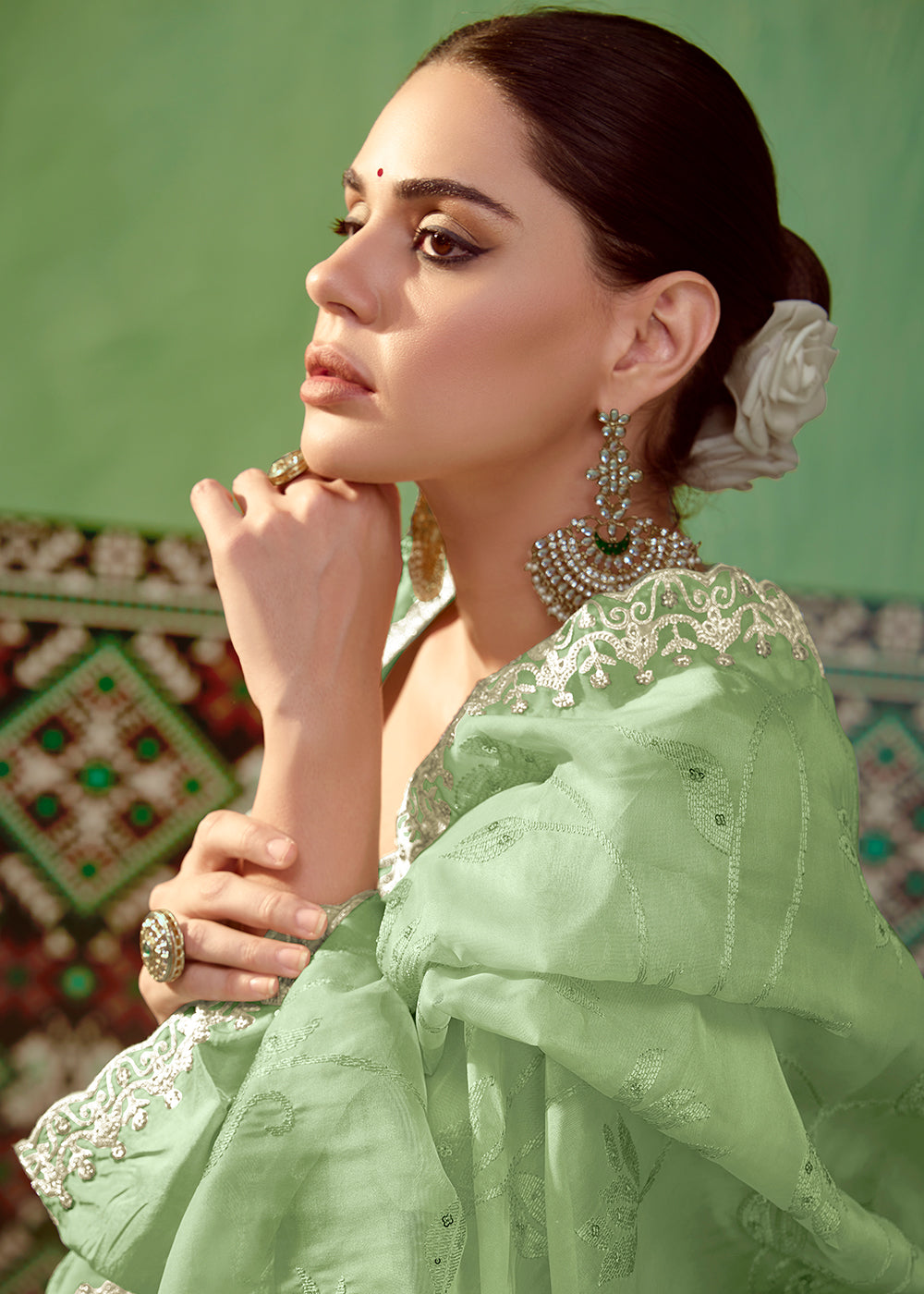 Mint Green Silk Suit Featuring Embroidered Buttis and Scalloped Hemline