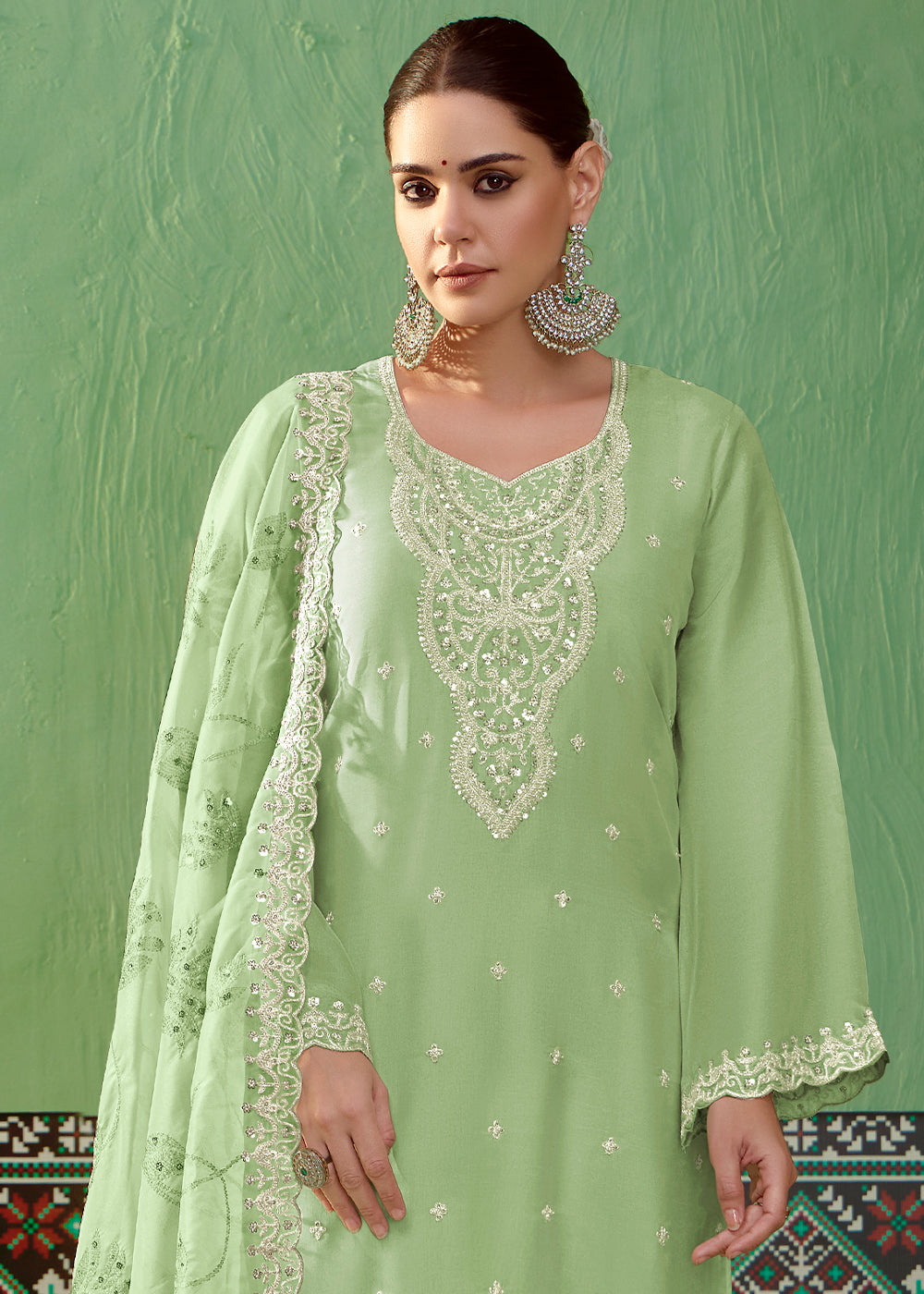 Mint Green Silk Suit Featuring Embroidered Buttis and Scalloped Hemline