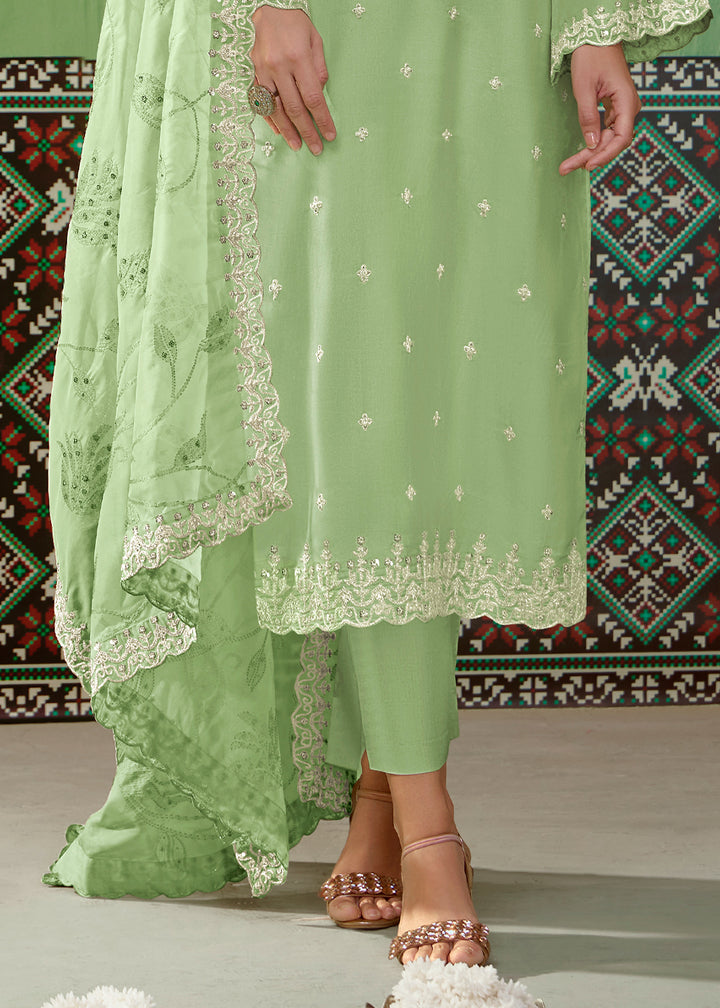 Mint Green Silk Suit Featuring Embroidered Buttis and Scalloped Hemline