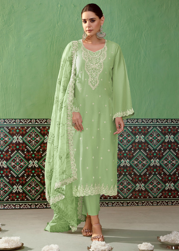 Mint Green Silk Suit Featuring Embroidered Buttis and Scalloped Hemline