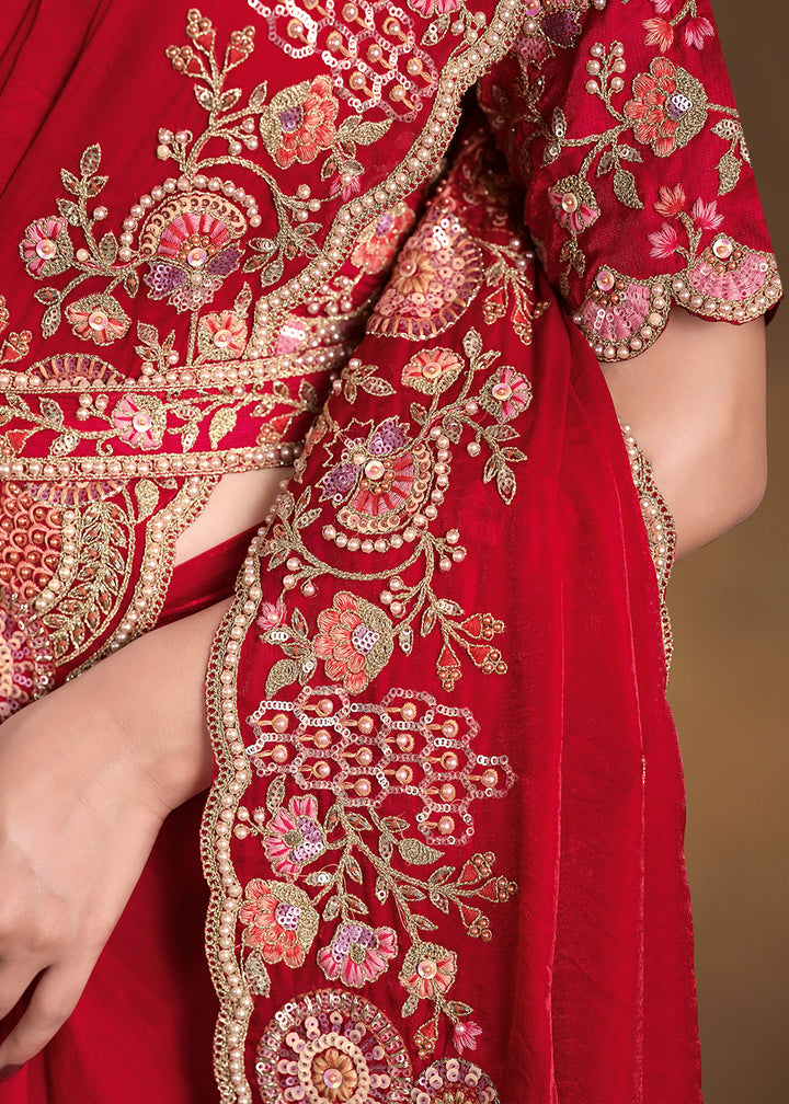 Bridal Red Saree in Satin Silk with Handwork and Embellishments