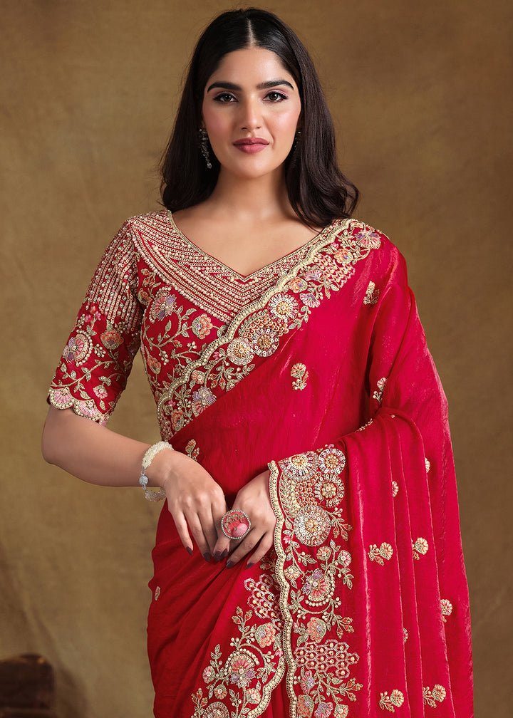 Bridal Red Saree in Satin Silk with Handwork and Embellishments