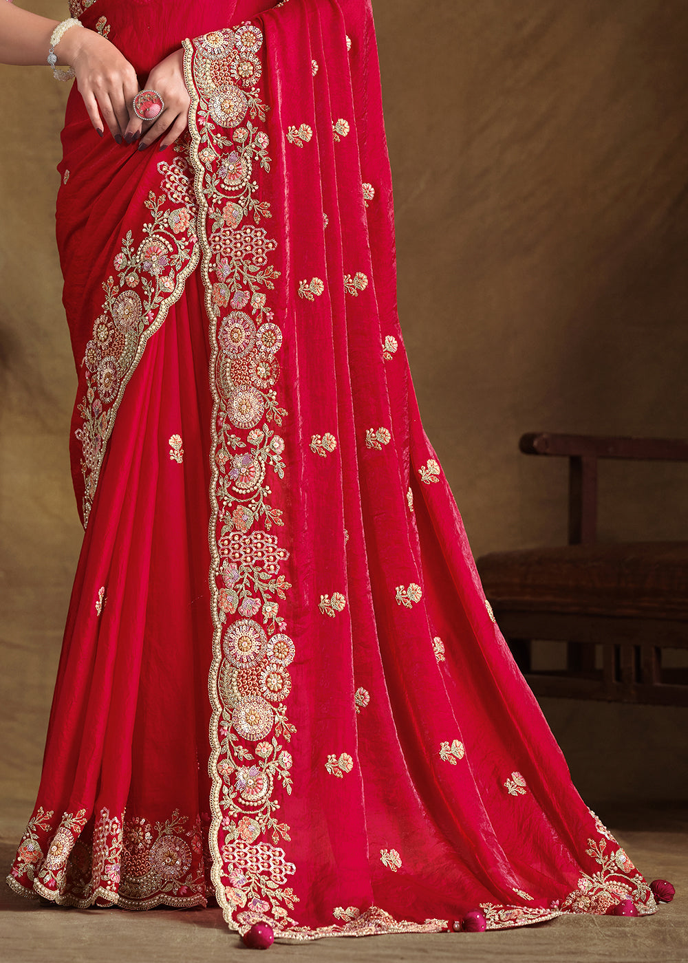 Bridal Red Saree in Satin Silk with Handwork and Embellishments