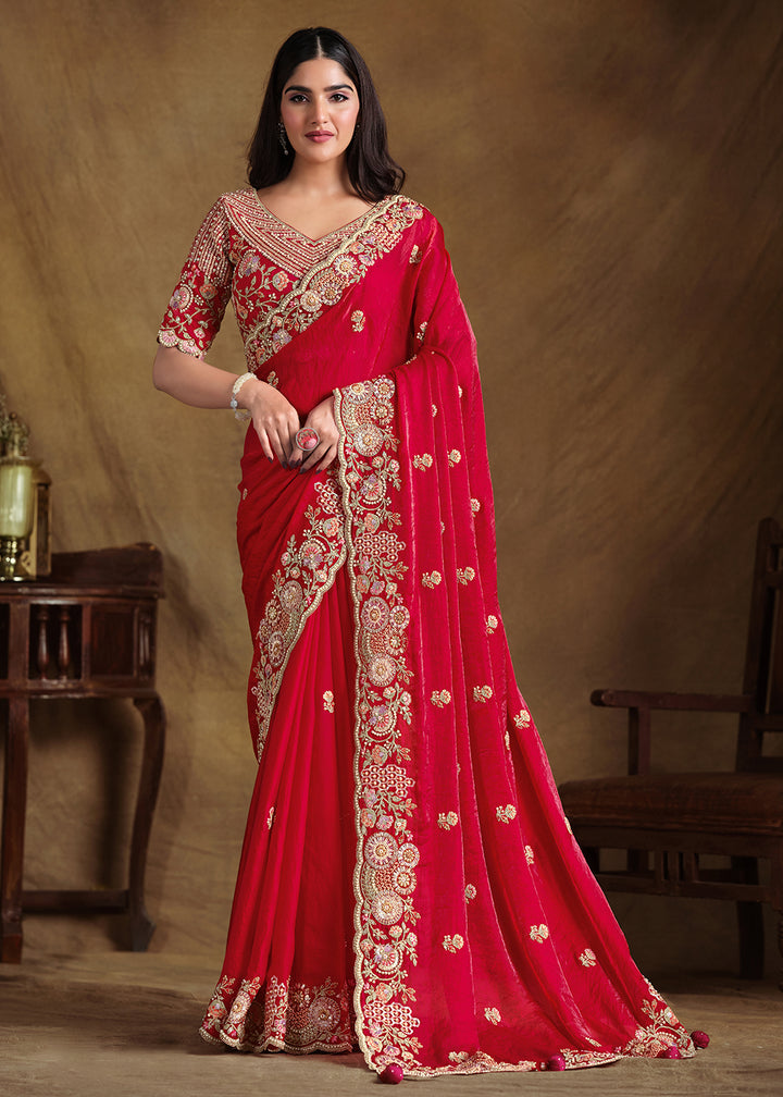 Bridal Red Saree in Satin Silk with Handwork and Embellishments