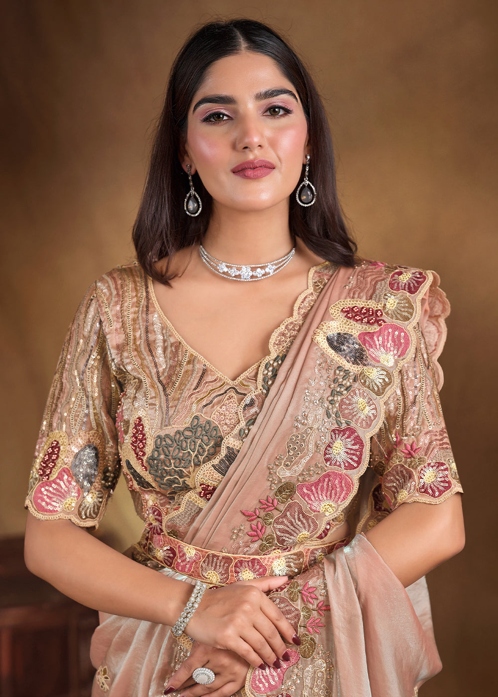 Light Brown Saree in Satin Silk with Handwork and Embellishments