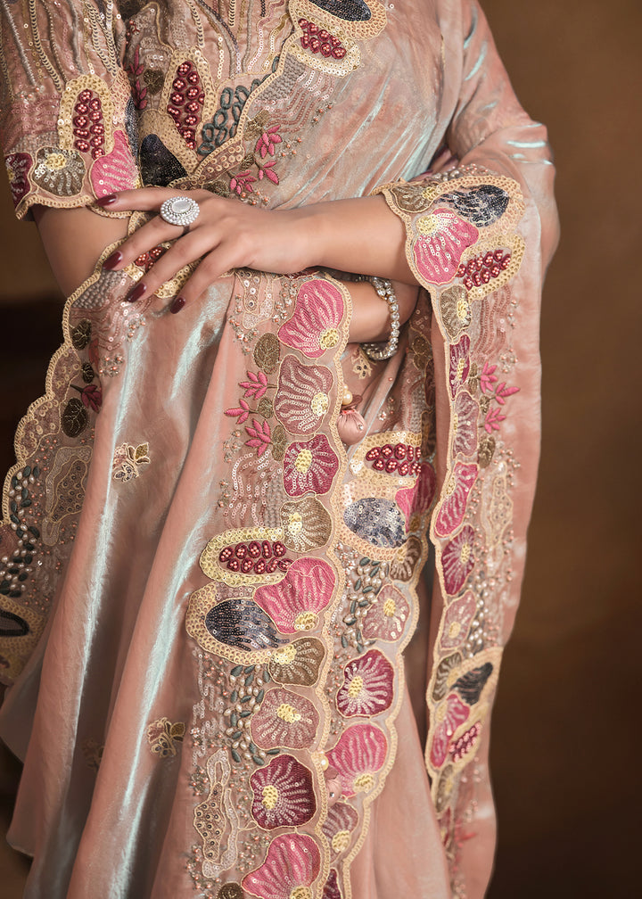 Light Brown Saree in Satin Silk with Handwork and Embellishments