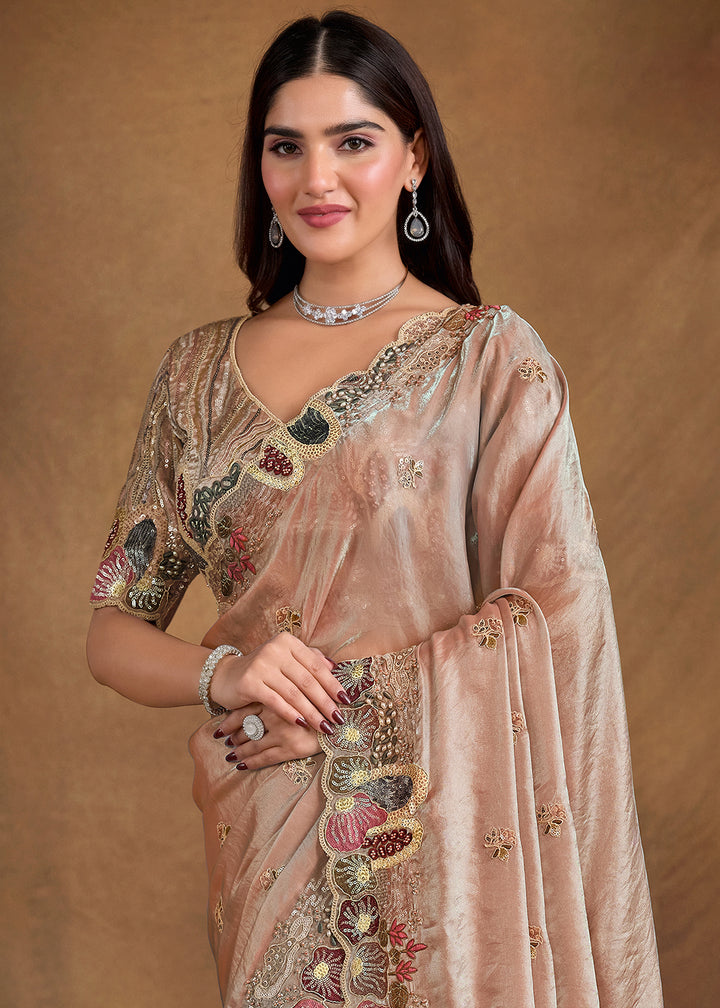 Light Brown Saree in Satin Silk with Handwork and Embellishments