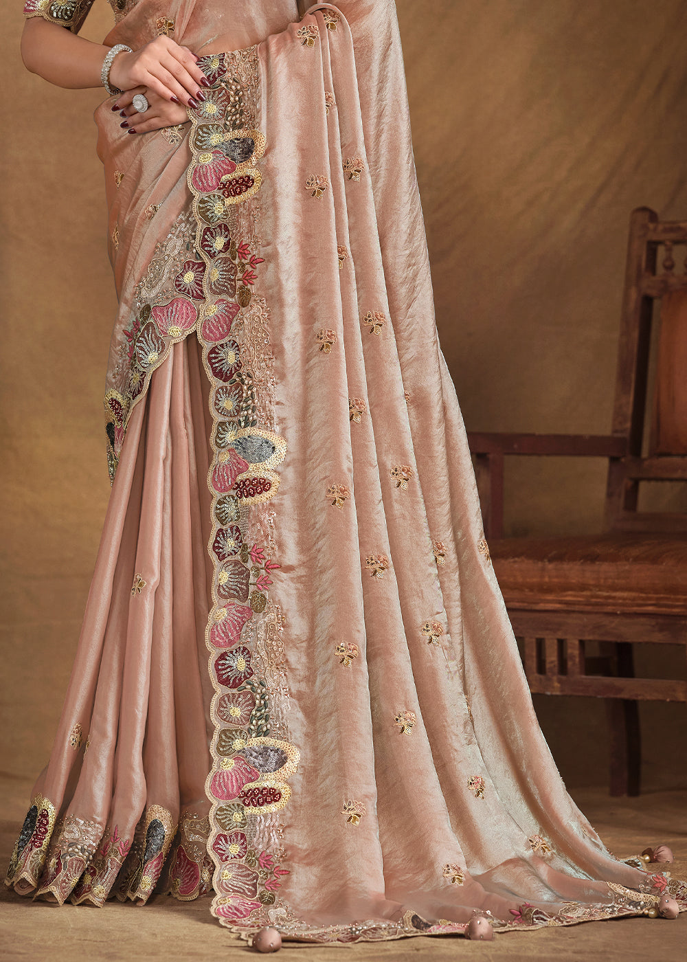 Light Brown Saree in Satin Silk with Handwork and Embellishments