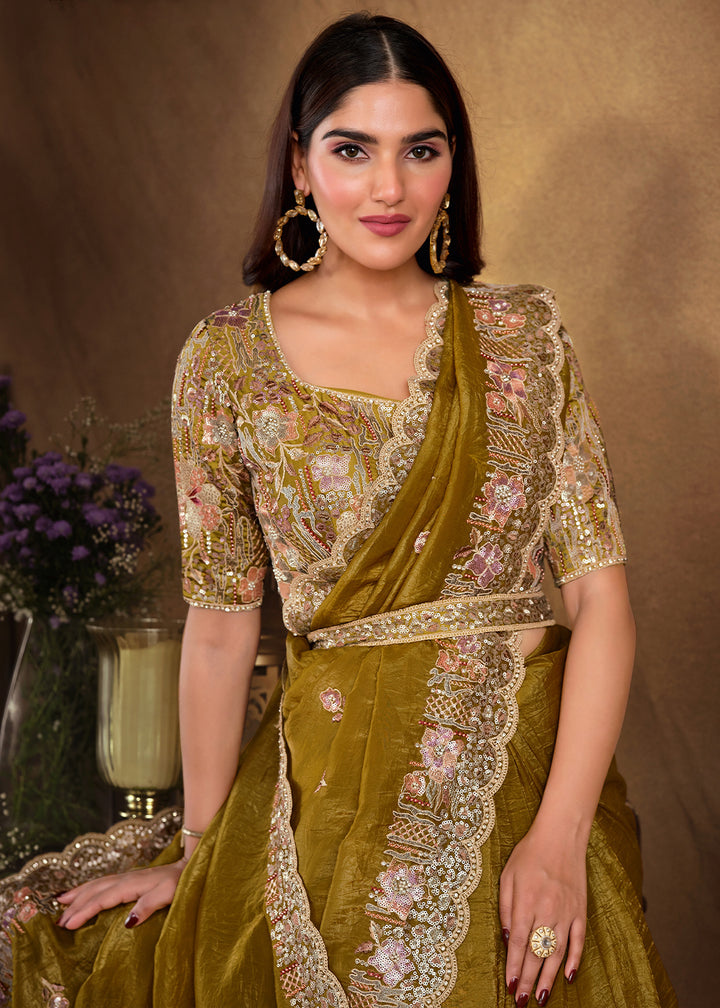 Olive Green Saree in Paper Silk with Handwork and Embellishments