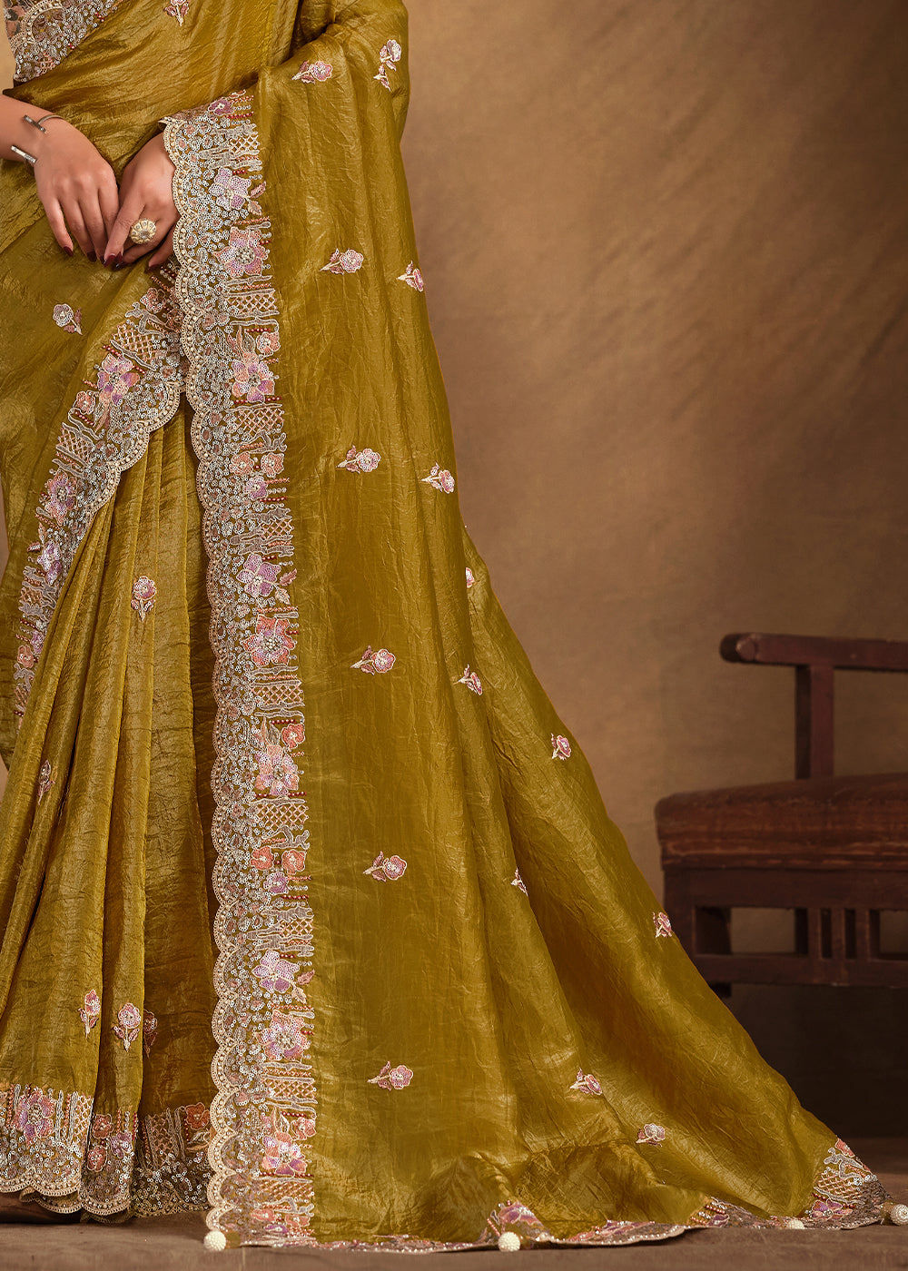 Olive Green Saree in Paper Silk with Handwork and Embellishments