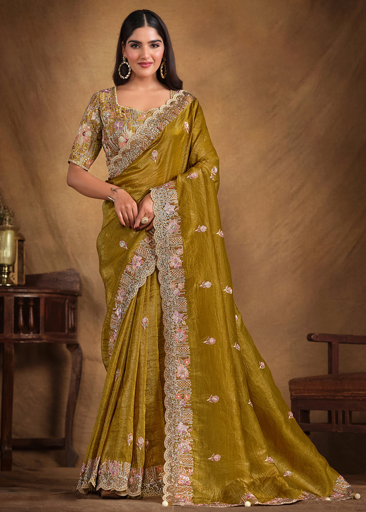 Olive Green Saree in Paper Silk with Handwork and Embellishments