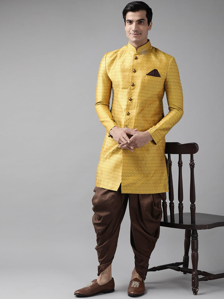 Sarvati Men's Mustard Yellow And Coffee Silk Blend Sherwani Set