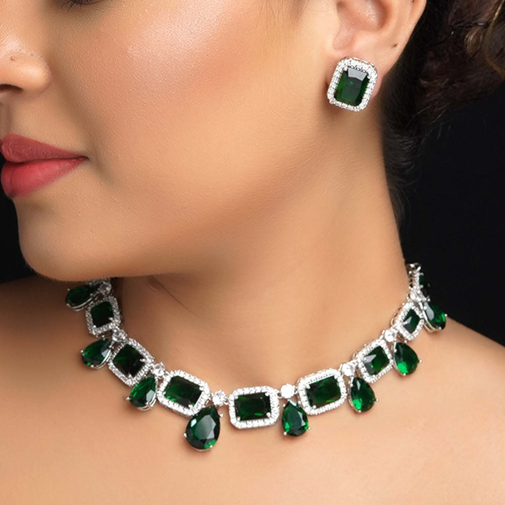 Ayana Green Emerald And Diamonds Silver Plated Necklace Set