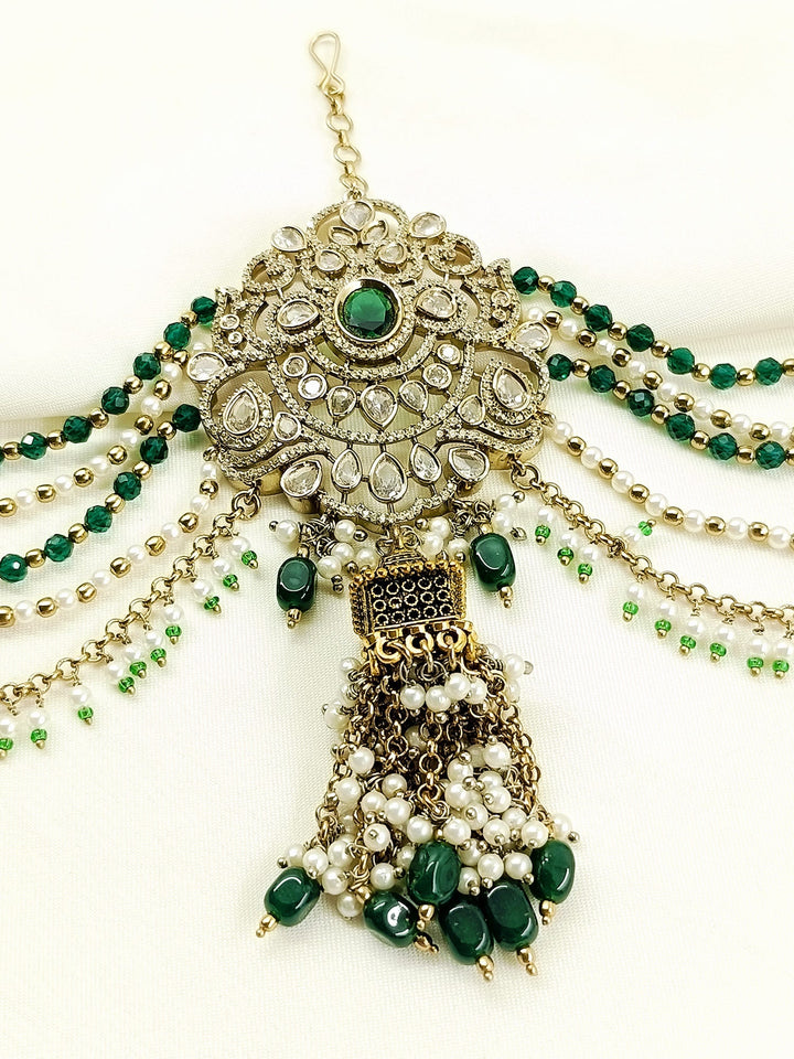 Chanchal Green Hair Brooch - Antique Gold Plating Wedding