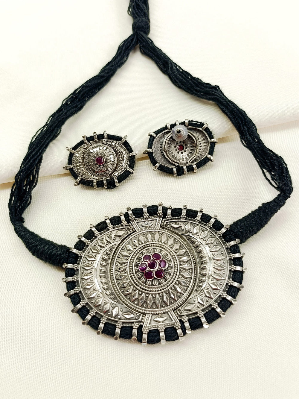 Yogita Ruby Oxidized Choker Set - Silver Plating Necklace