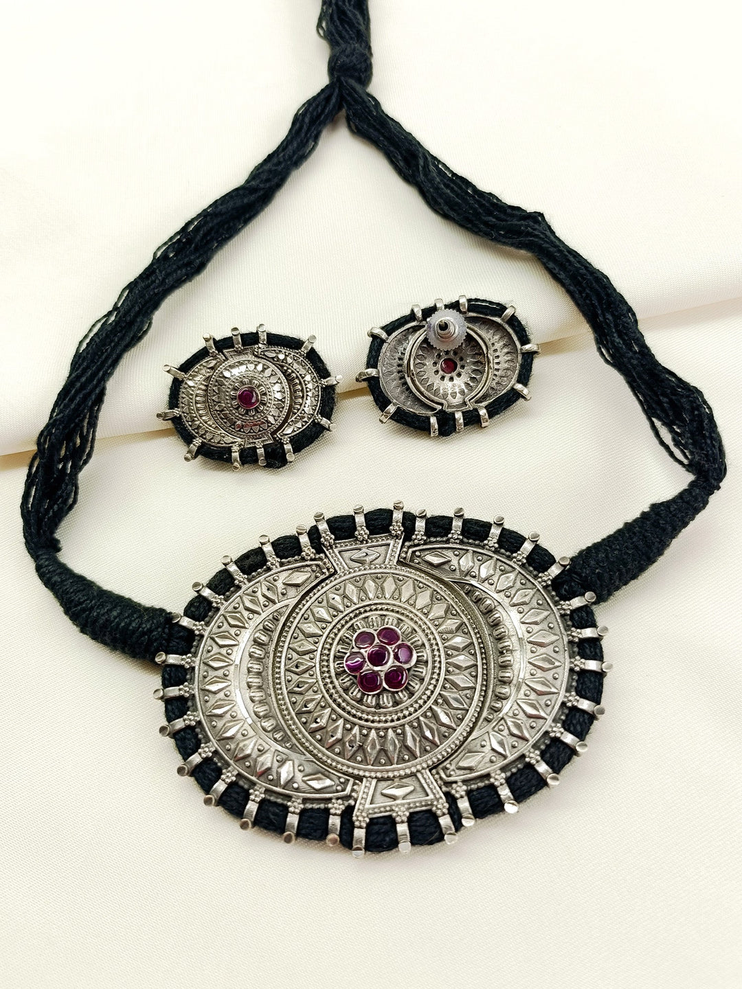 Yogita Ruby Oxidized Choker Set - Silver Plating Necklace