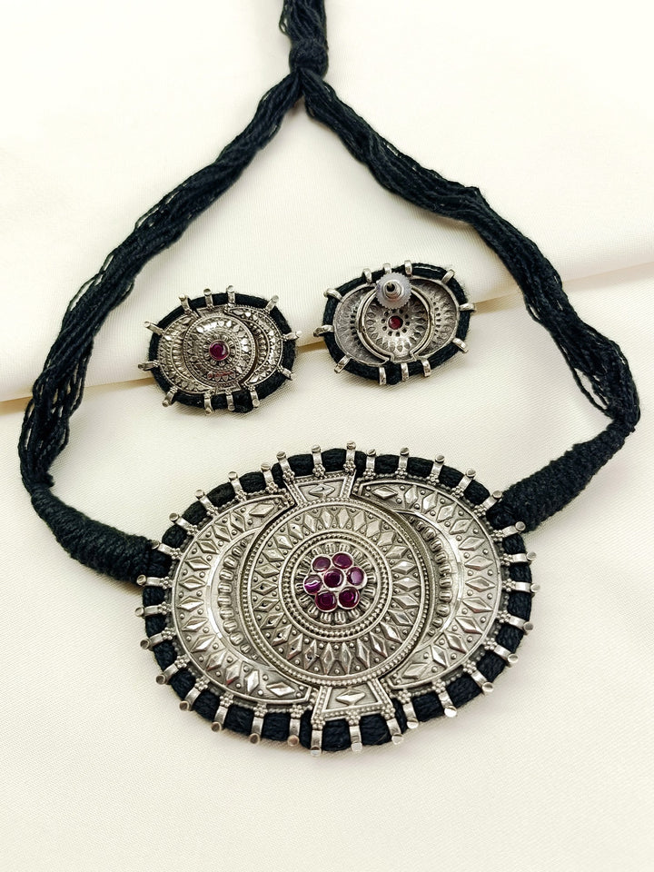 Yogita Ruby Oxidized Choker Set - Silver Plating Necklace