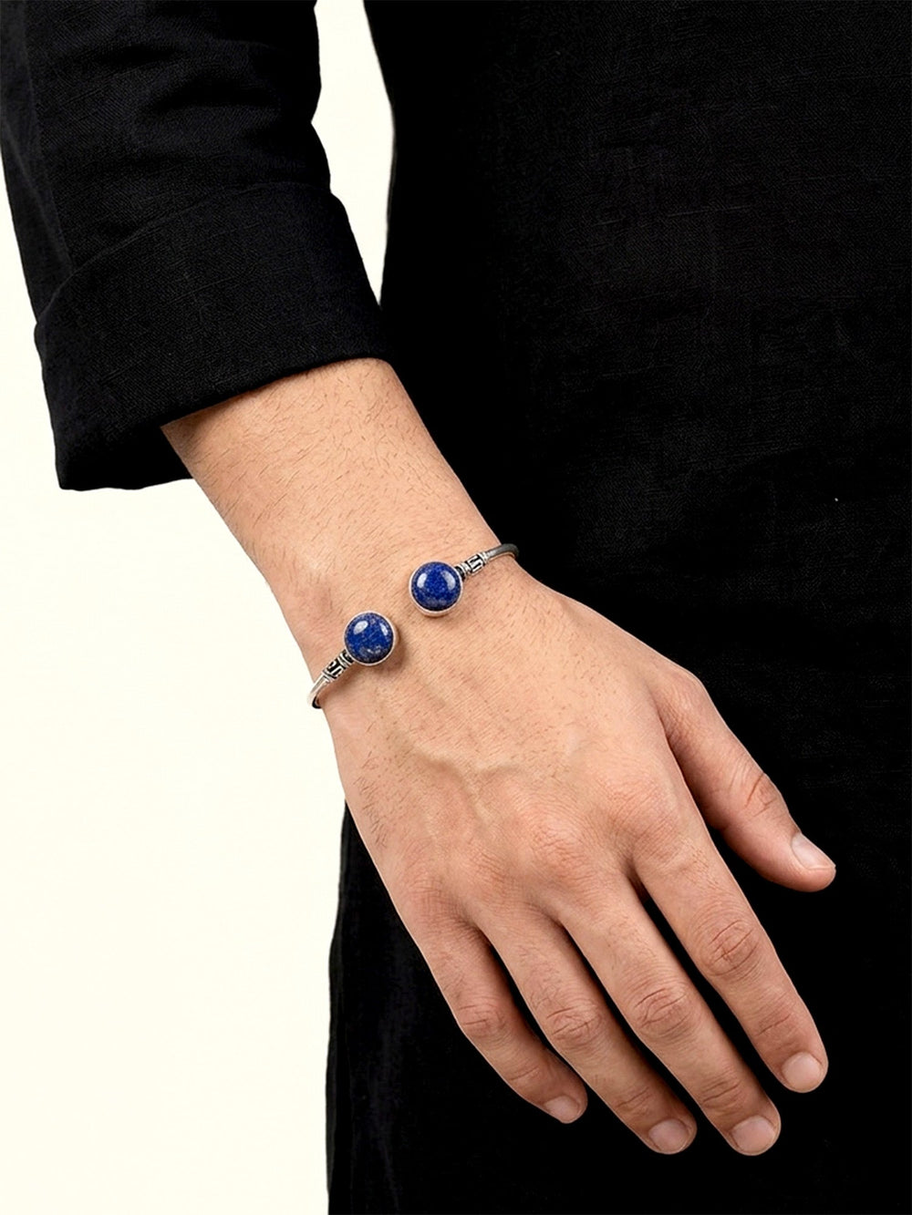 Rachit Navy Blue Dual Stone Men's Bracelet - Oxidized Silver