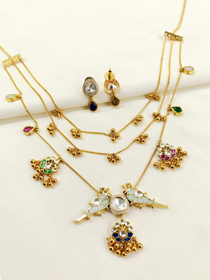 Hasini Mayura Multicolor 3 Layer Parrot Long Kundan Necklace Set