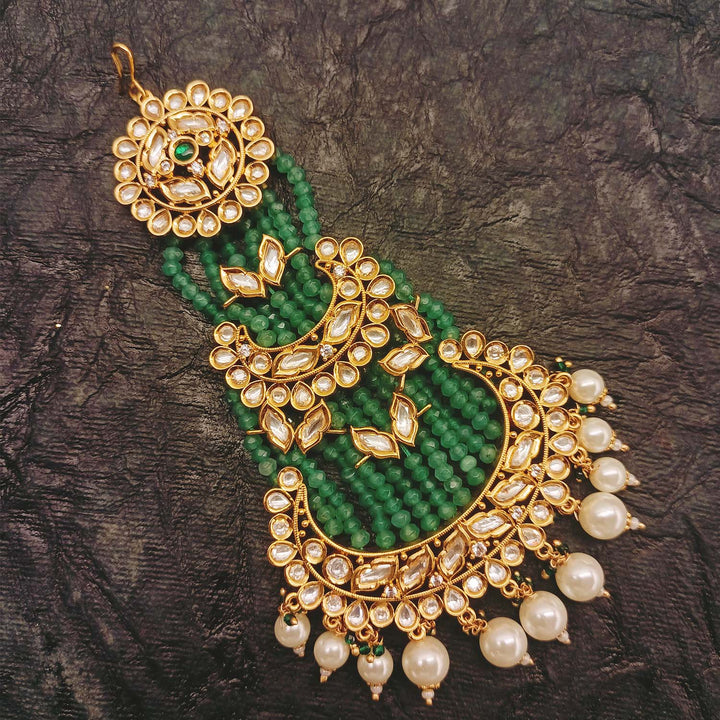 Sheetal Green & White Pearl Gold Plated Kundan Passa