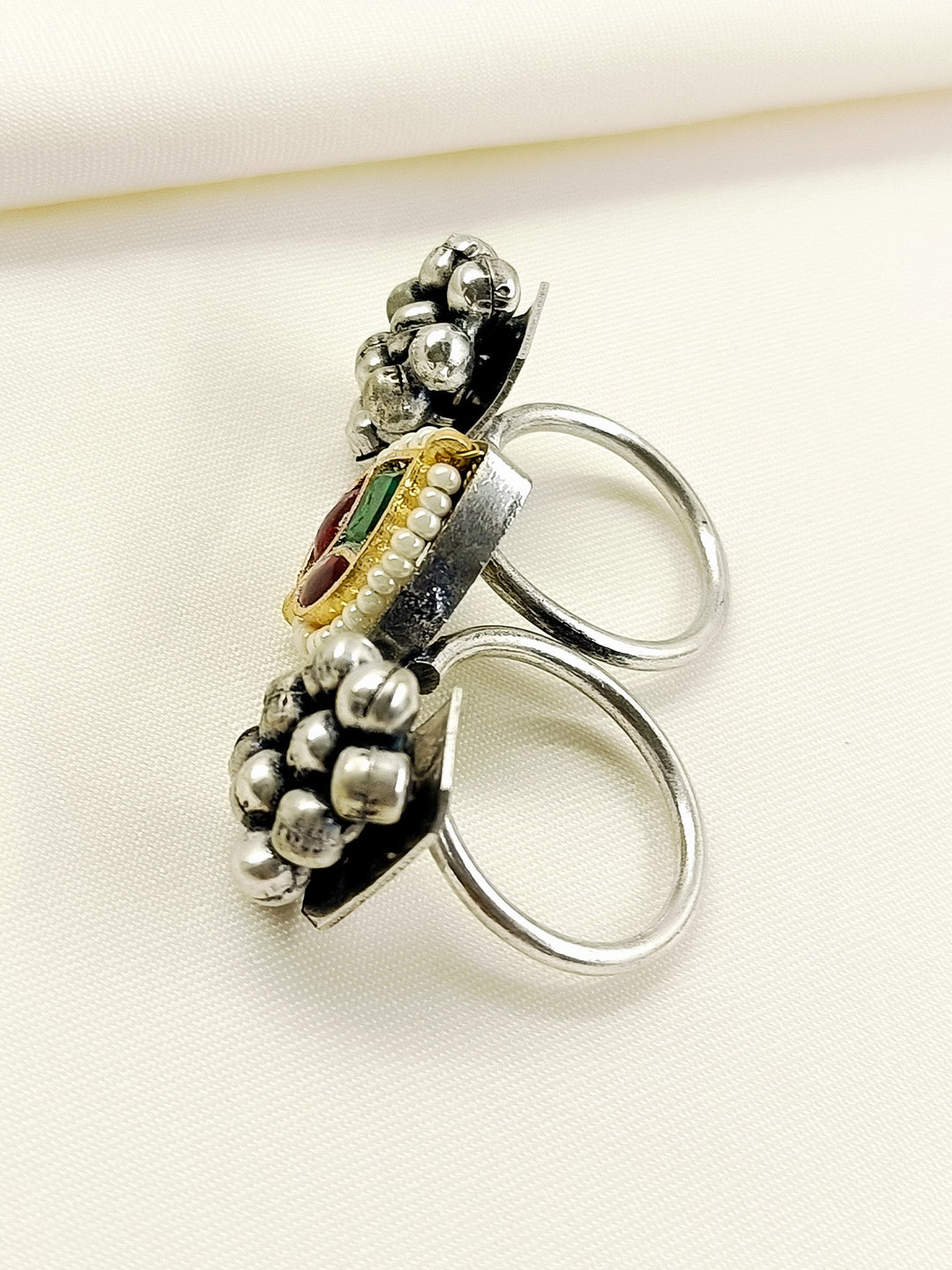 Kausalya Green Oxidized Dual-Finger Kundan Ghunghroo Ring