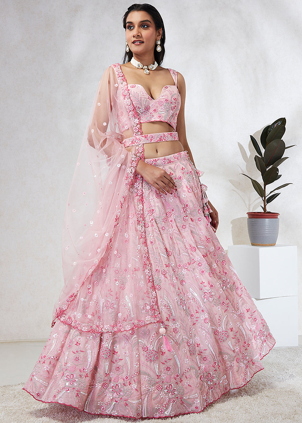 Baby Pink Georgette Lehenga Choli Highlighted with Sequins & Thread Embroidery