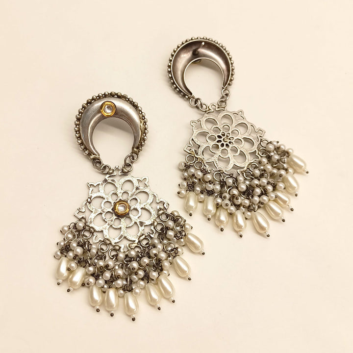 Bhagwati Silver Oxidized Earrings With Pearl Hangings