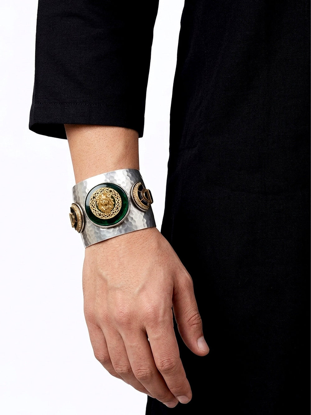 Namit Green Silver Royal Lion Men's HandCuff - Cuff Bracelet