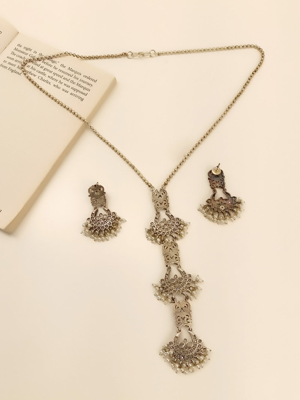 Vatsala White Long Oxidized Set