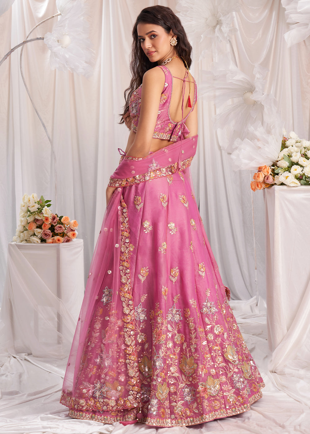 Deep Pink Organza Lehenga Choli Adorned with Sequins Embroidery Work